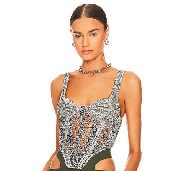 NEW DION LEE Womens Knit Crochet Corset Top Size XS Marble Black - Picture 3 of 3